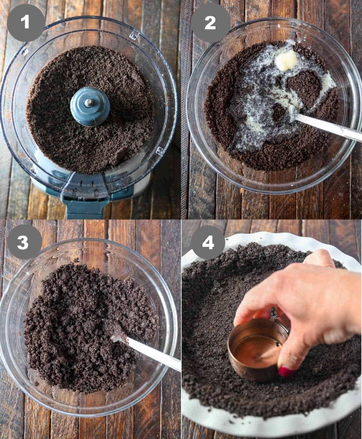 Galletas Oreo en un procesador de alimentos, luego colóquelas en un tazón con la mantequilla derretida. Mezclar y presionar en una sartén.