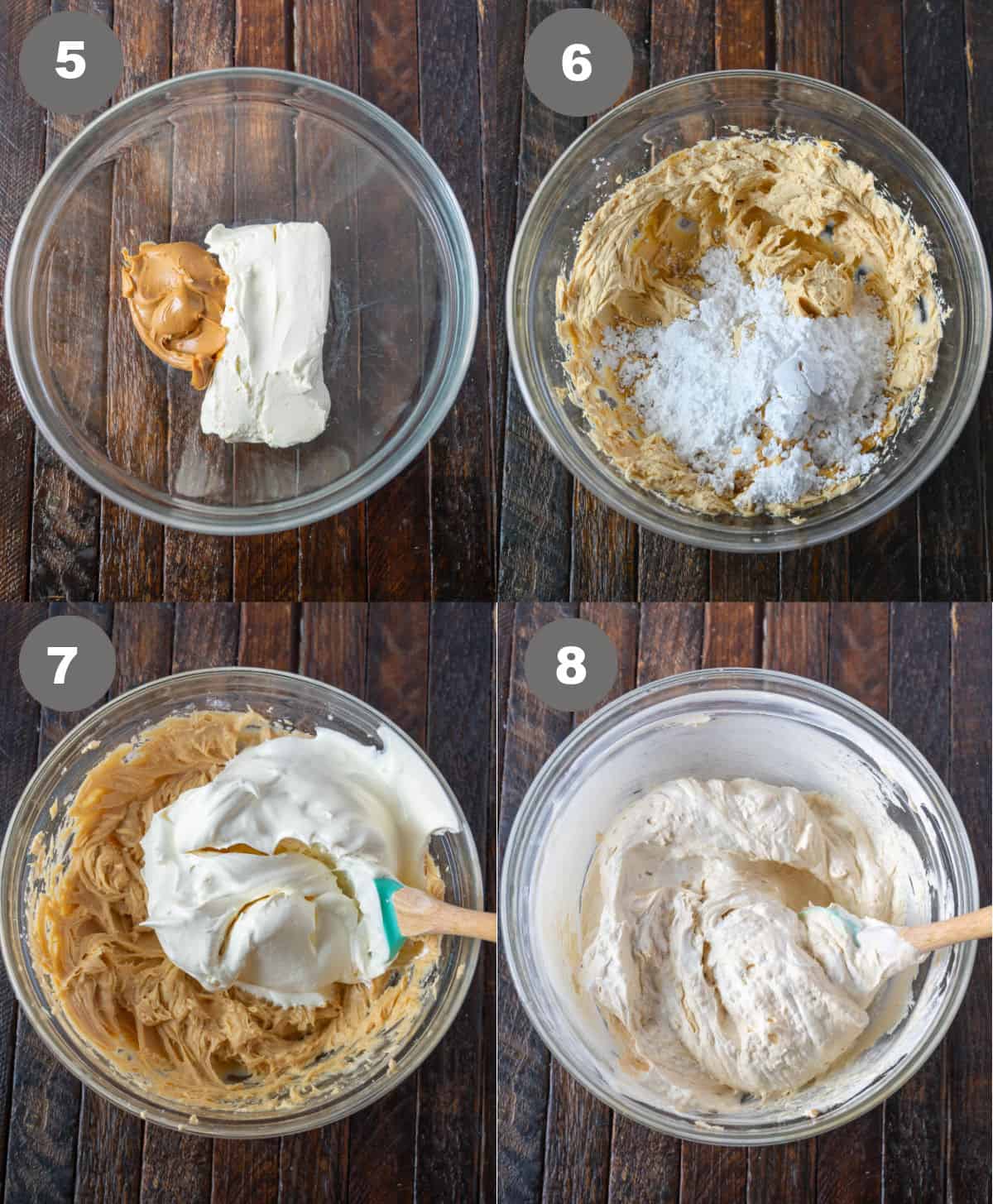 La mantequilla de maní y el queso crema se agregaron a un tazón, se mezclaron y se agregó azúcar en polvo y se mezcló la crema batida.
