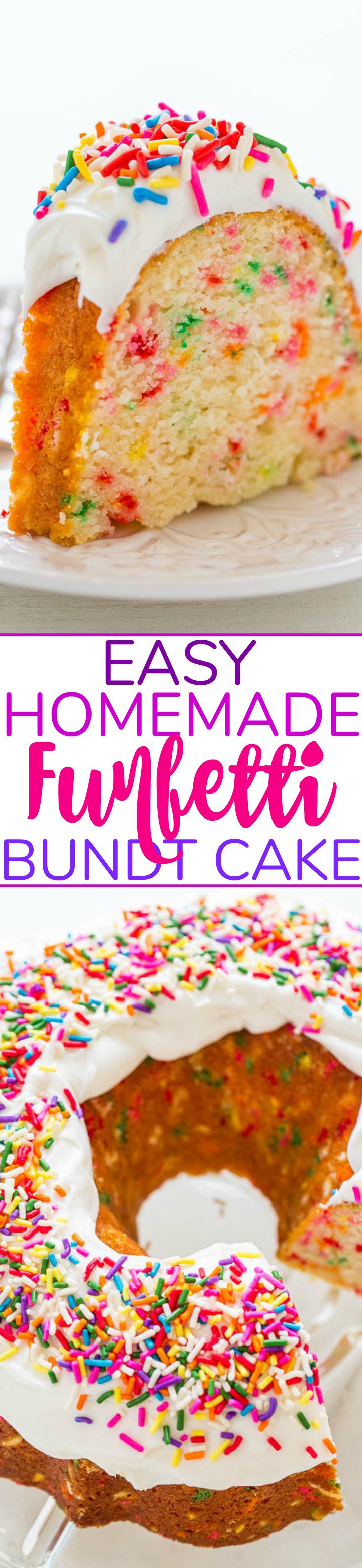 Pastel Funfetti Bundt casero fácil: ¡SIN mezcla de pastel en este pastel funfetti 100% CASERO que se espolvorea y tiene un sabor increíble! ¡Rápido, FÁCIL y la MEJOR receta de pastel de granizado funfetti!