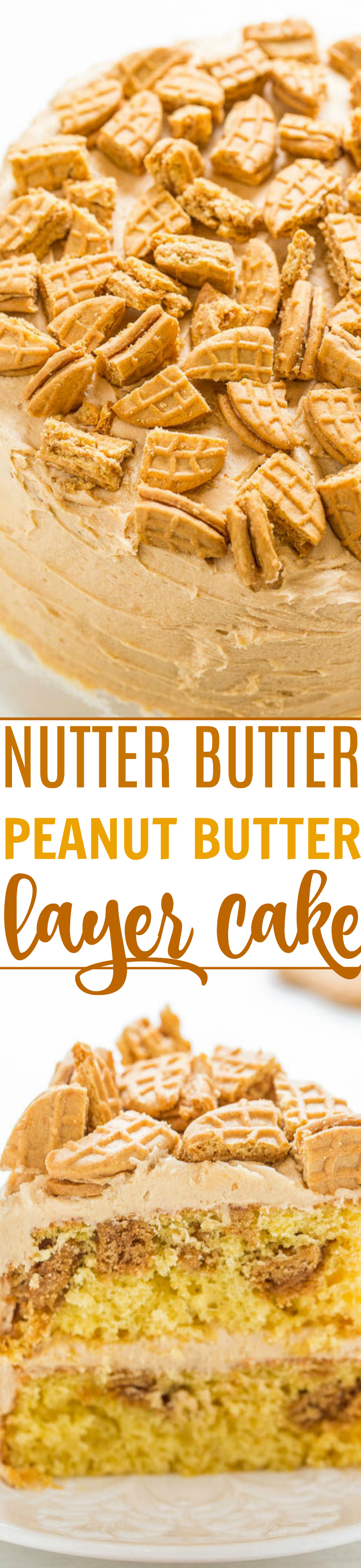 Pastel de capas de mantequilla de maní y avellana - ¡Pastel amarillo suave con mantequilla de avellana tostada espolvoreada encima! ¡EL FROSTING de mantequilla de maní es rico, cremoso y decadente! ¡A los fanáticos de la mantequilla de maní les encantará este pastel!