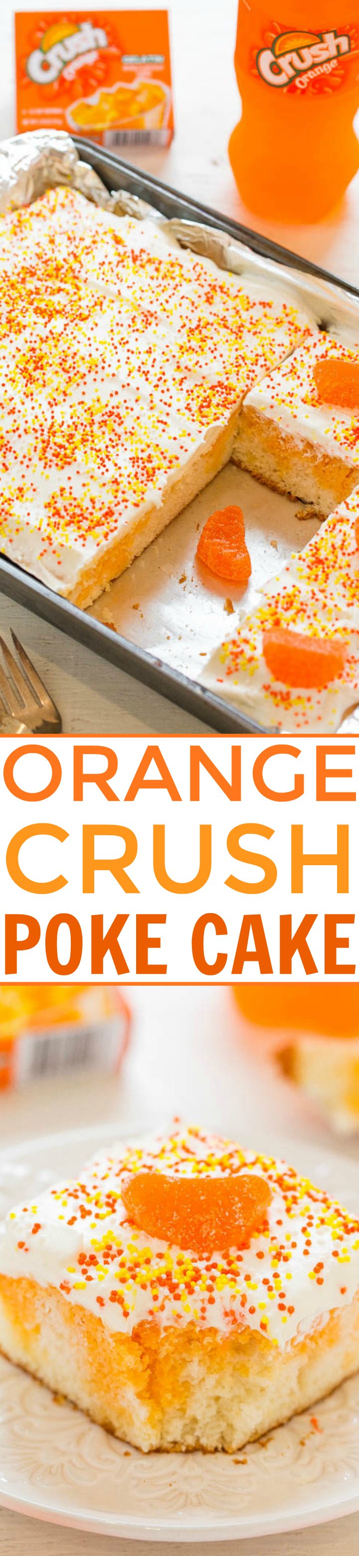 Pastel Poke de Orange Crush - ¡Disfruta del Orange Crush en este FÁCIL pastel que es súper suave y liviano! ¡El niño que todos llevamos dentro adorará este pastel de naranja con efecto tie-dye!