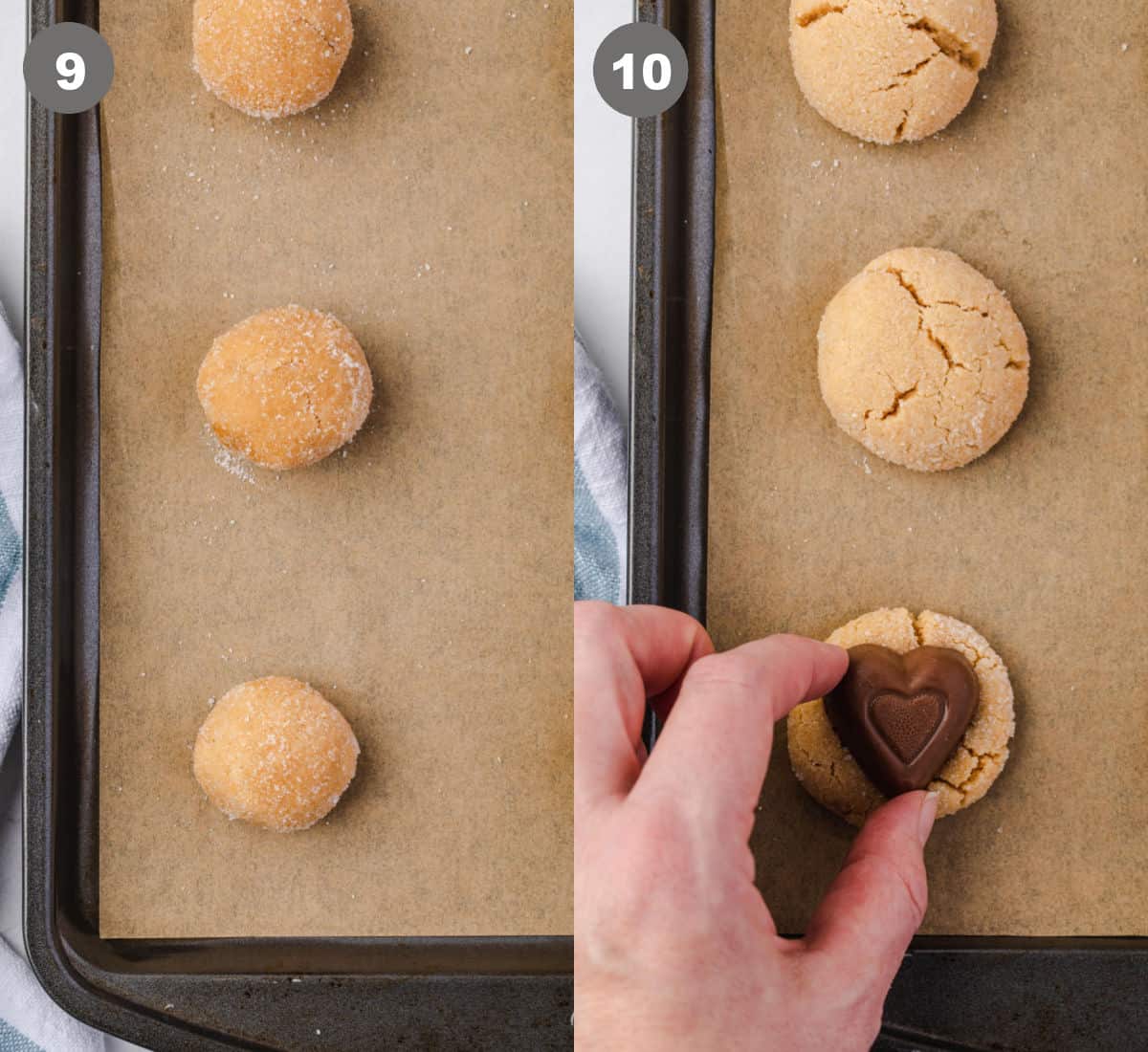 Bolas de masa enrolladas en azúcar y colocadas en una bandeja para hornear, luego un chocolate empujado dentro de la galleta horneada.