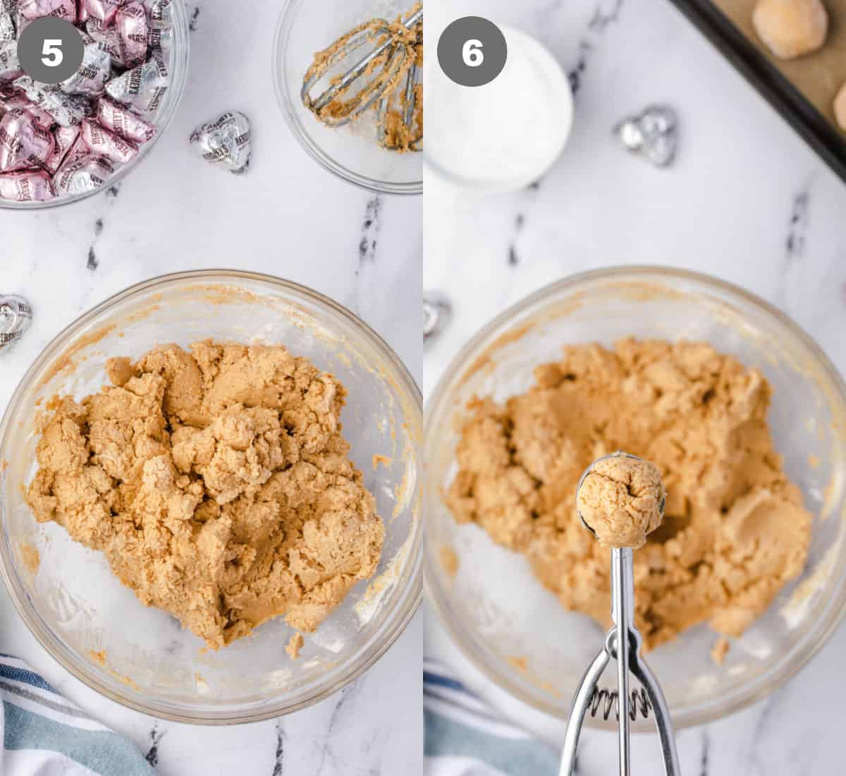 Masa de galleta de mantequilla de maní hervida y una bola de galleta que lleva una bola.