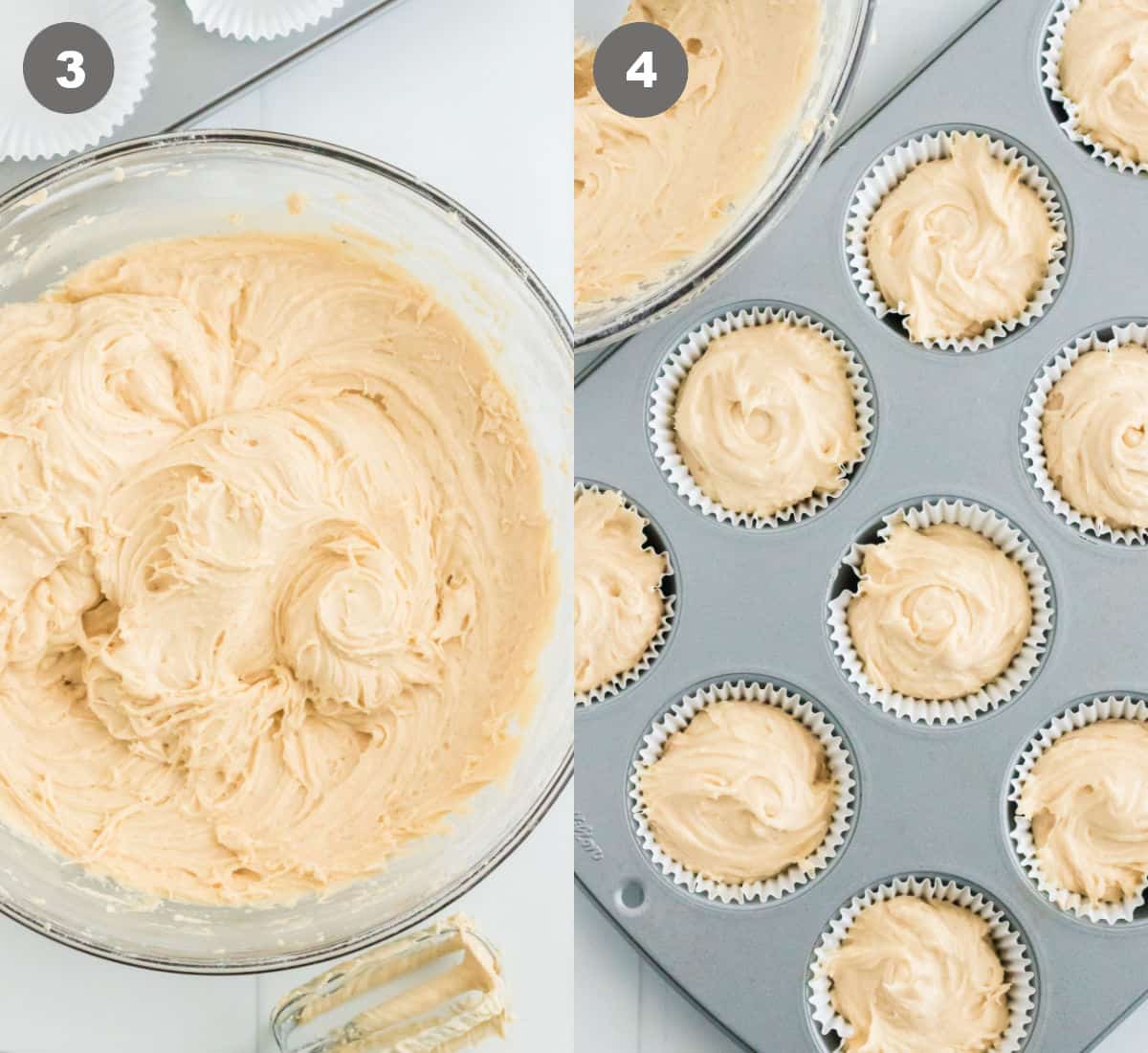 La masa mezclada en un bol. Moldes para muffins rellenos de masa.