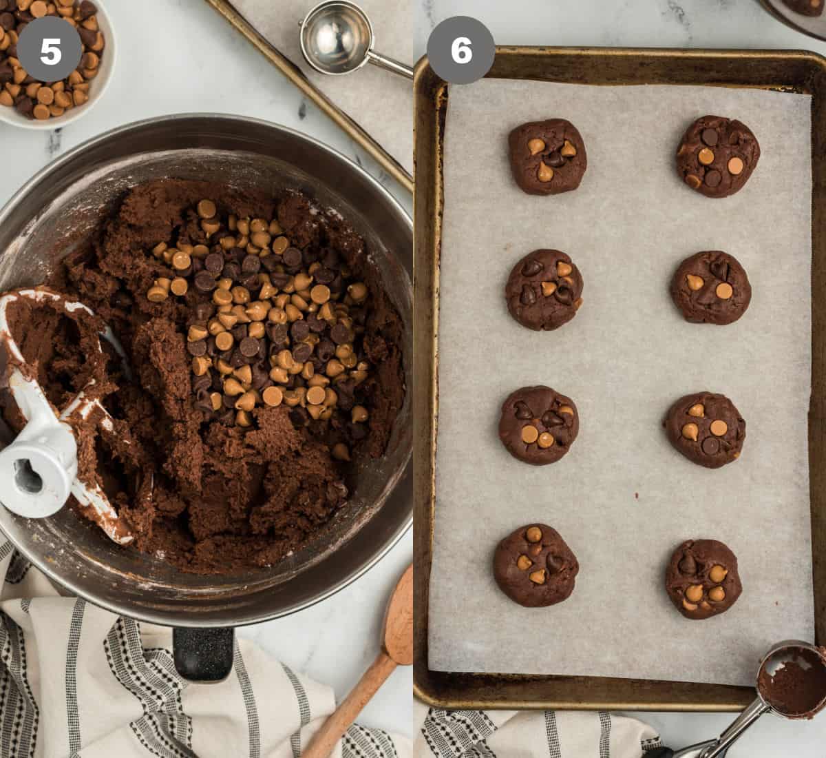 Dos fotos del proceso. la primera es la masa mezclada con las gotas de mantequilla de maní añadidas. El segundo son las galletas colocadas en una bandeja para hornear.