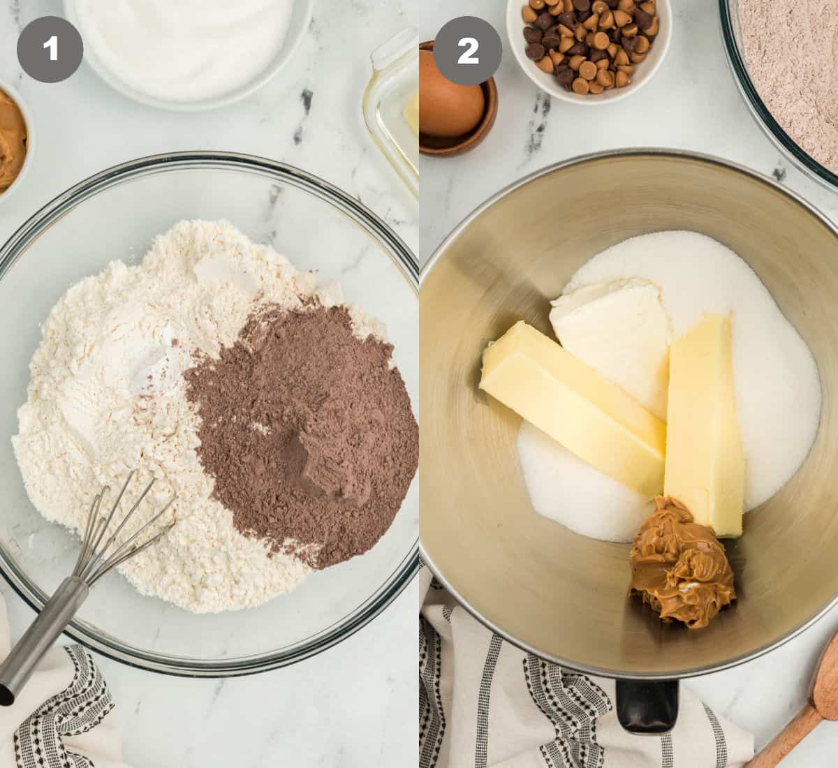 Dos fotos del proceso. Primero, mezcle todos los ingredientes secos en un bol. En segundo lugar, la mantequilla y el azúcar se agregan a un tazón para mezclar.