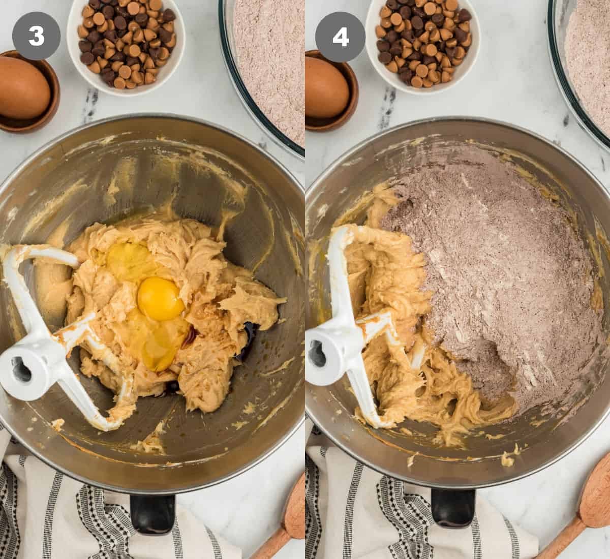 Dos fotos del proceso. Los primeros huevos añadidos a la masa. El segundo compuesto seco se agrega a la masa.