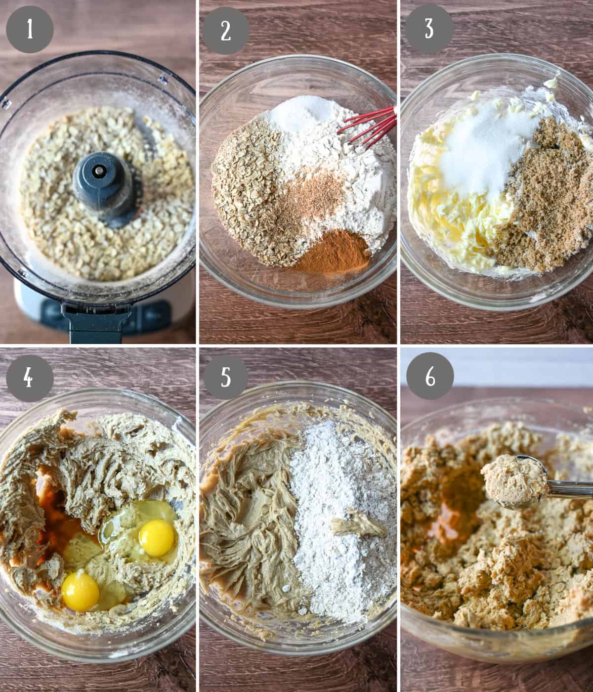 Seis fotos de prueba. Primero, la avena en un procesador de alimentos. En segundo lugar, todos los ingredientes secos en un bol. En tercer lugar, la mantequilla y el azúcar se mezclan. Cuarto, se agregan los huevos y la vainilla. Quinto, ingredientes húmedos agregados a ingredientes secos. Sesto, un recolector de galletas que se lleva una galleta.