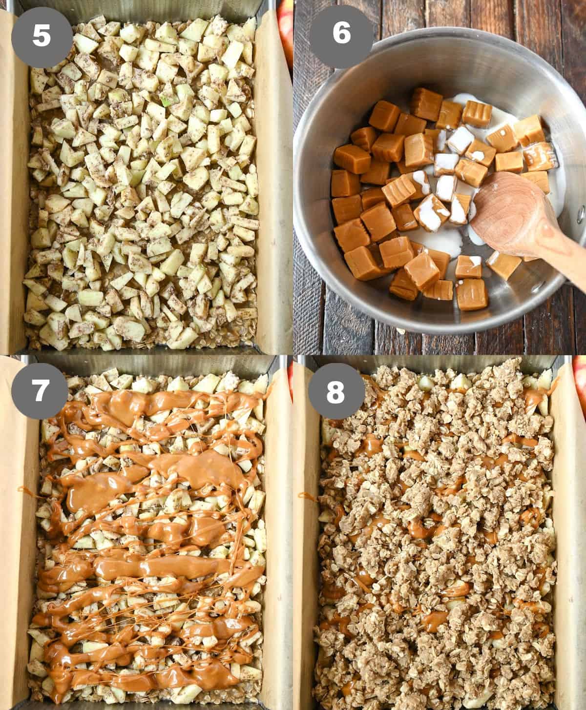 Cuatro fotos del proceso. Primero, compuesto por manzanas colocadas encima de la corteza. En segundo lugar, los dulces se derritieron en una sartén con crema. Tercero, espolvorea caramelo derretido sobre las manzanas. Cuarto, la mezcla de corteza reservada se desmorona encima.