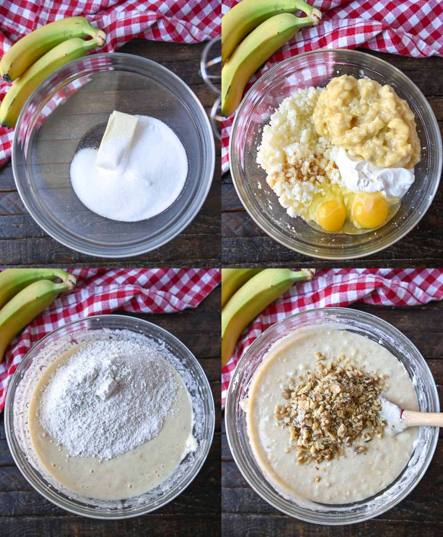 Cuatro fotos del proceso. Primero, azúcar y mantequilla en un bol. En segundo lugar, el resto de los ingredientes húmedos colocados encima. Tercero, los ingredientes secos se colocan encima de la mezcla húmeda. En cuarto lugar, se colocan las nueces troceadas encima y listas para ser incorporadas a la masa.