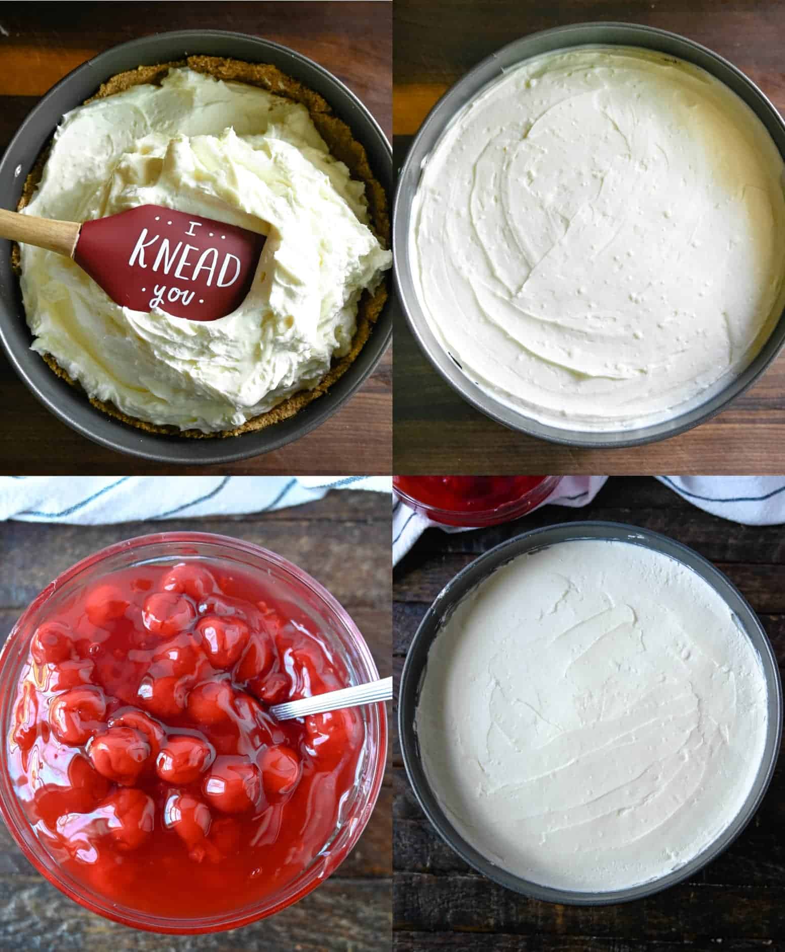 Cuatro fotos del proceso. Primero, el relleno de tarta de queso se extiende sobre la corteza de galleta. La segunda, rellena toda la sartén con espuma de resorte. En tercer lugar, un plato de cerezas enlatadas. Cuarto, cheesecake frío listo para decorar.