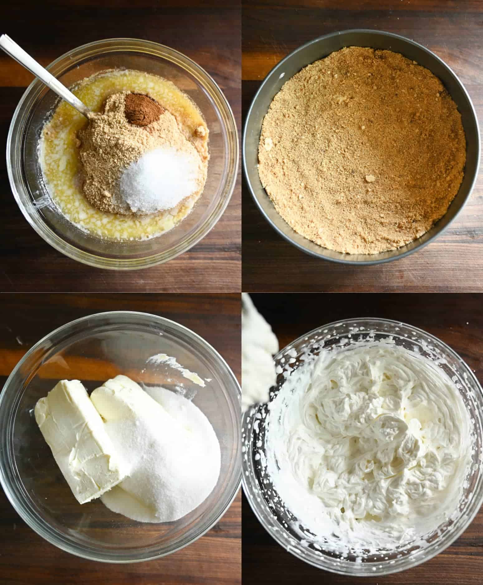 Cuatro fotos del proceso. Primero, todos los ingredientes de la corteza se agregan a un tazón con una espátula. El segundo, la corteza que ha sido prensada en un molde de espuma de resorte. Tercero, el queso crema y el azúcar en un tazón grande y transparente. Cuarto, rellenar todo y listo para entrar en la corteza.