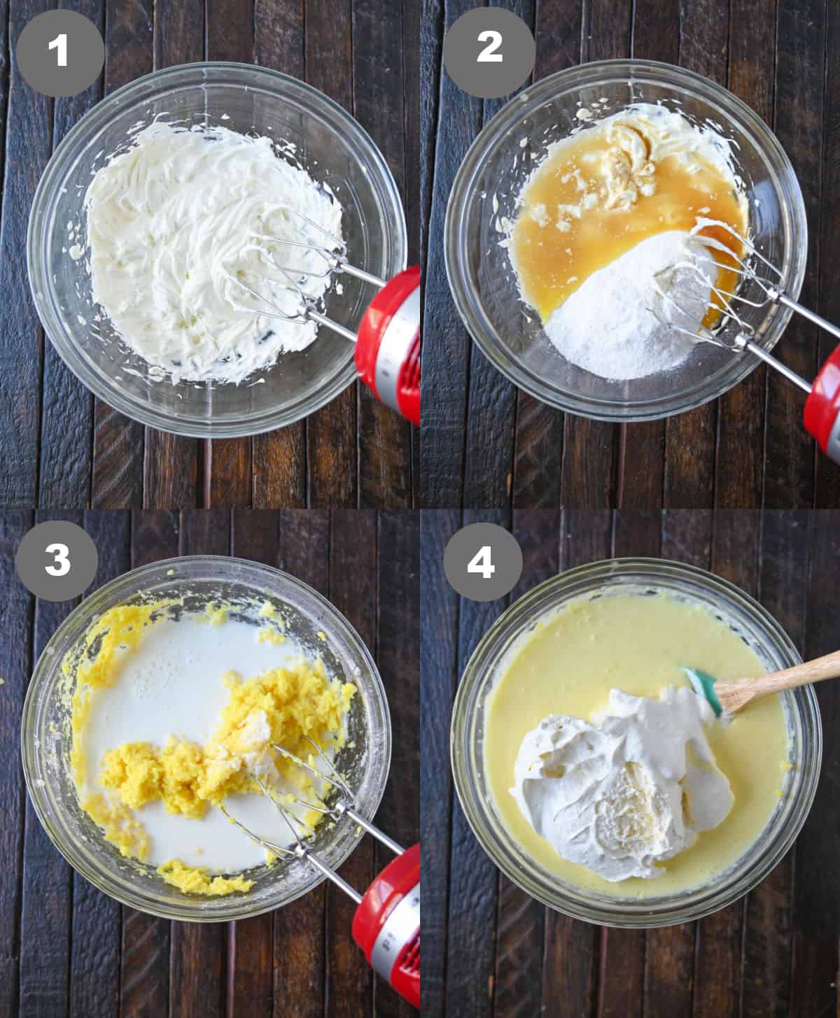 Queso crema en un tazón, todos los demás ingredientes húmedos agregados y mezclados.