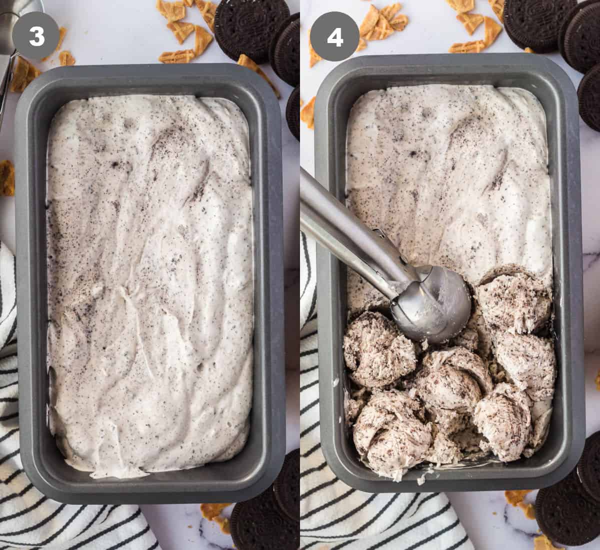 El helado se coloca en una bandeja de metal, luego se congela y se recoge ligeramente en bolas.