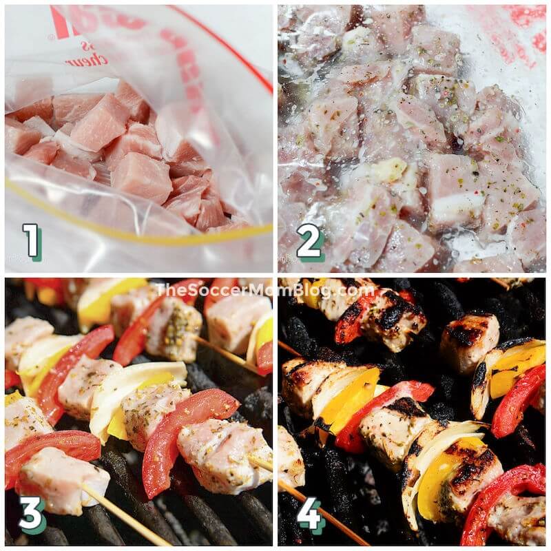 Collage de fotos de 4 pasos que muestra cómo marinar y asar brochetas de cerdo