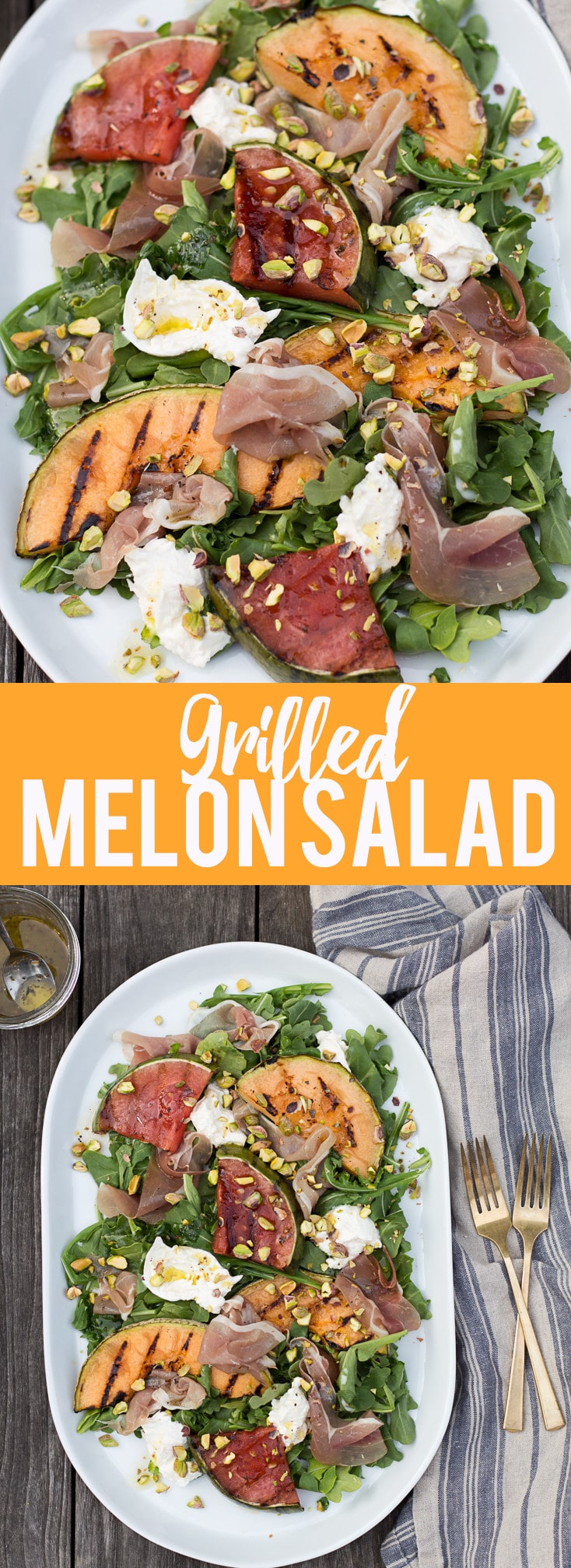 ¡Esta ensalada de melón a la parrilla con jamón y burrata es una cena ligera perfecta para un caluroso día de verano!