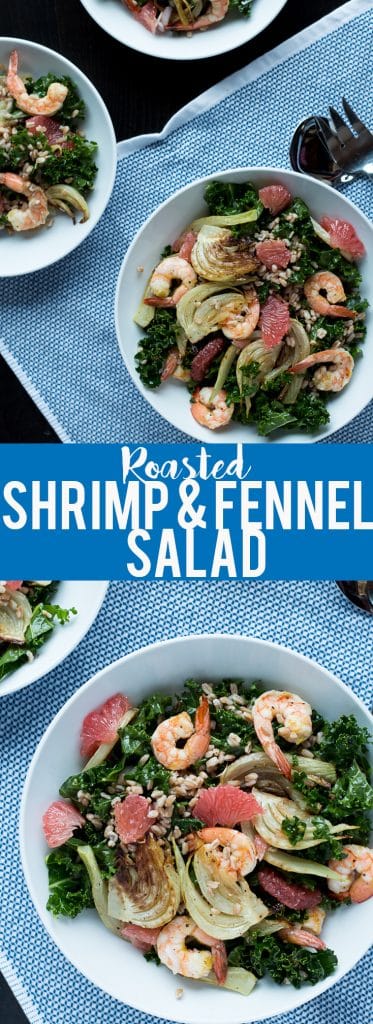 ¡Esta rica ensalada de invierno tiene hinojo y gambas asadas con el brillante sabor del pomelo, además de espelta y col rizada para una nutrición energética!