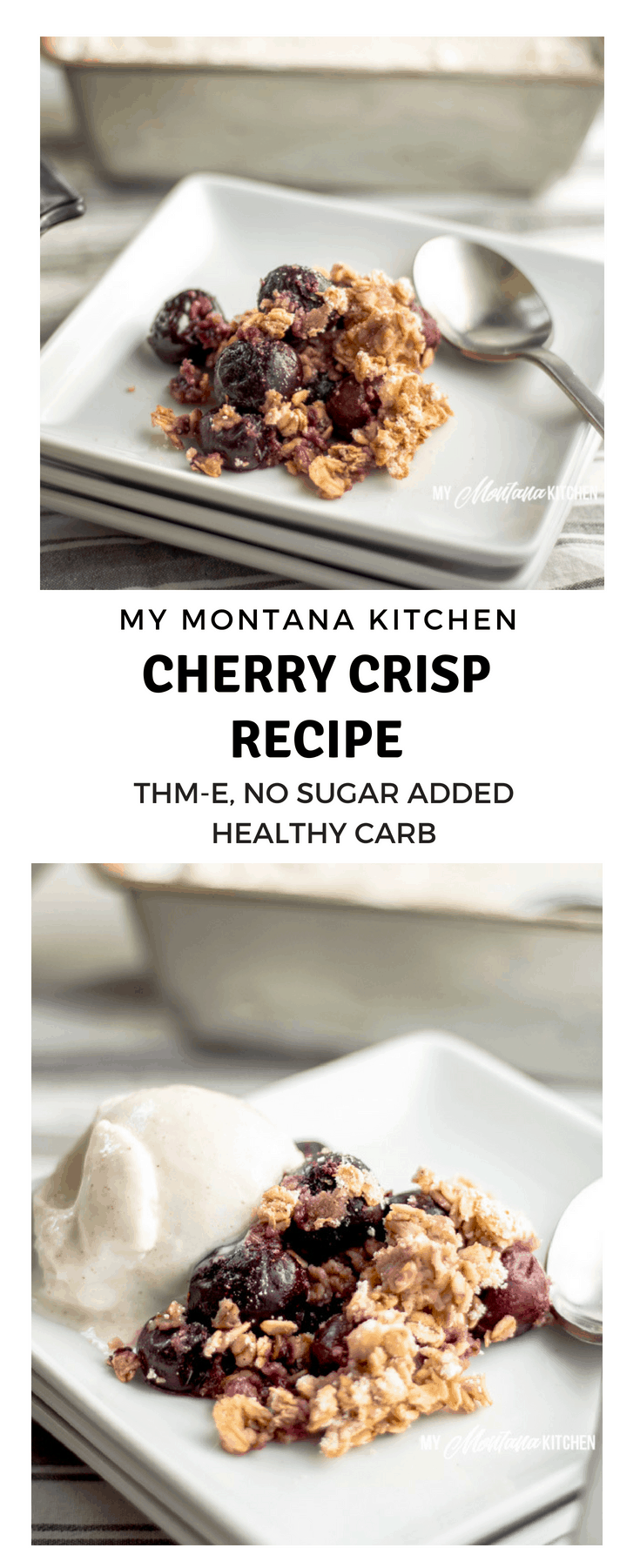 Cerezas cubiertas con una corteza de avena simple. Esta receta fácil de preparar de Cherry Crisp es una excelente manera de usar cerezas congeladas para un delicioso postre Trim Healthy Mama E. #lácteos #singluten