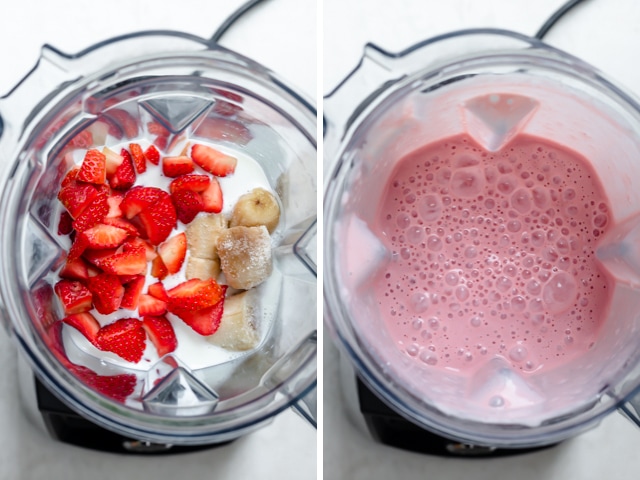 Collage que muestra los ingredientes en la licuadora antes y después de mezclar