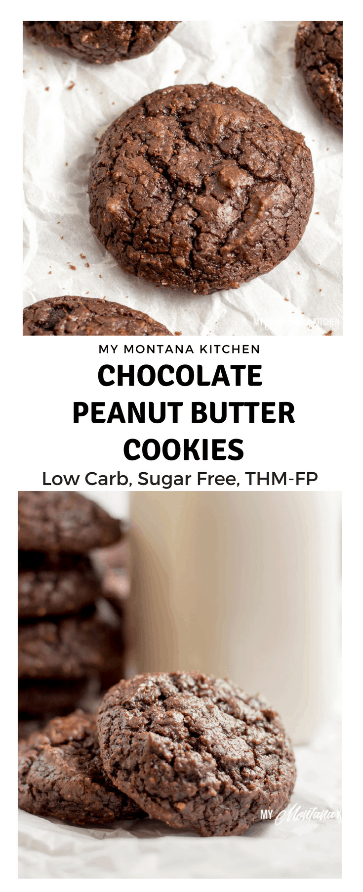 Ricas y descaradas, ¡nunca sabrías que estas galletas de chocolate con mantequilla de maní tienen solo 26 calorías cada una! ¡Estas galletas saludables y deliciosas son sin gluten, sin azúcar, sin lácteos y una receta Trim Healthy Mama FP! #trimhealthymama #thm #chocolate #chocolateandpeanutbutter #peanutflour #thmfp #fuelpull #chocolatecookie #healthycookie #thmcookie #mymontanakitchen #lowcarb #dairyfree #sugarfree #keto