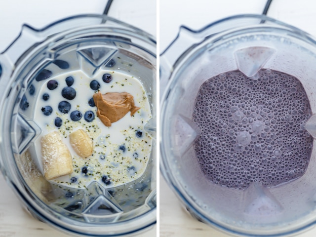 Collage que muestra los ingredientes en la licuadora antes y después de mezclar