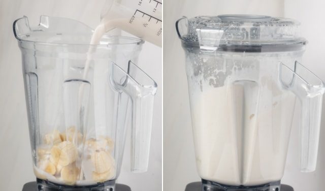 Collage de dos imágenes de licuadora al agregar ingredientes y mezclar