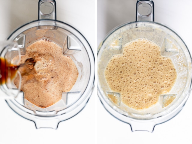 Collage de licuadora con ingredientes antes y después de mezclar leche de especias de calabaza casera