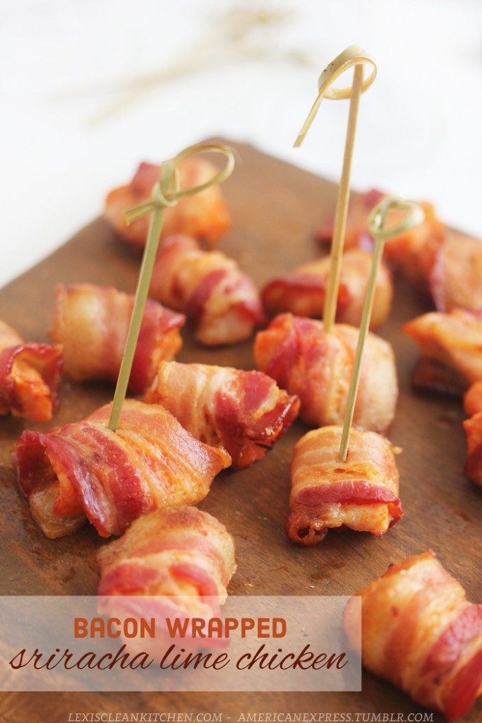 Trozos de pollo envueltos en tocino de limón Sriracha