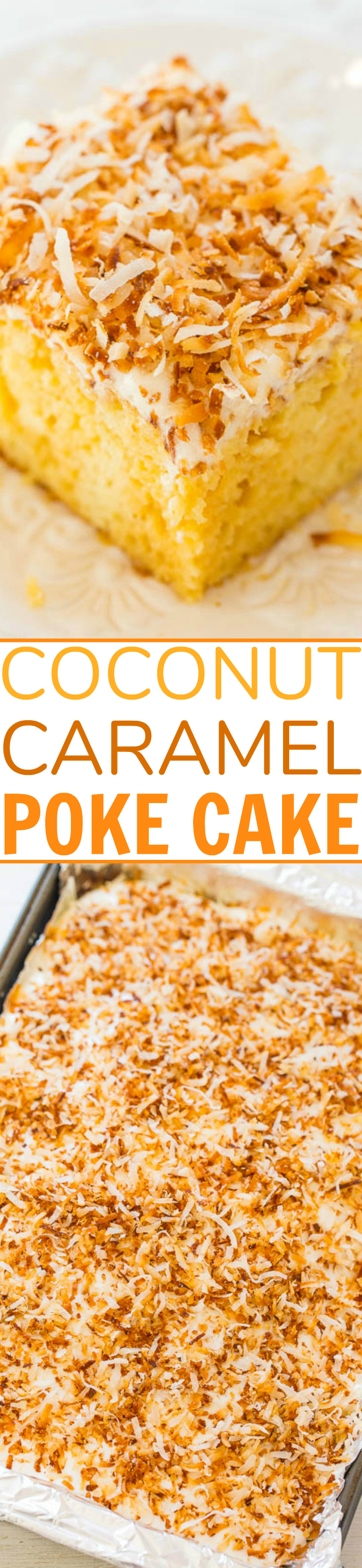 Pastel de coco con caramelo: ¡un pastel súper húmedo increíblemente FÁCIL gracias a una mezcla cremosa de caramelo que se destaca en el pastel! Cubierto con coco tostado crujiente, ¡este pastel es un DELICIOSO ganador!