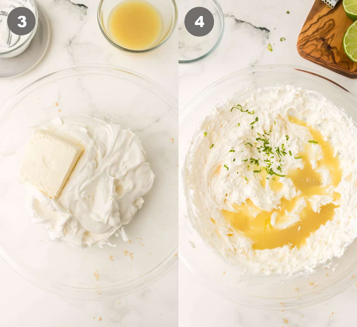 Crema de queso y crema batida en un tazón y mezcle con el jugo de limón agregado.
