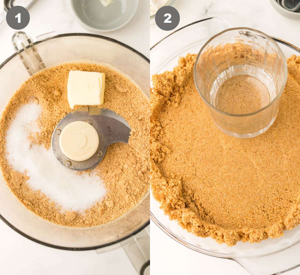Triture la galleta graham en un procesador de alimentos con mantequilla y azúcar y mezcle y presione sobre una bandeja para hornear.