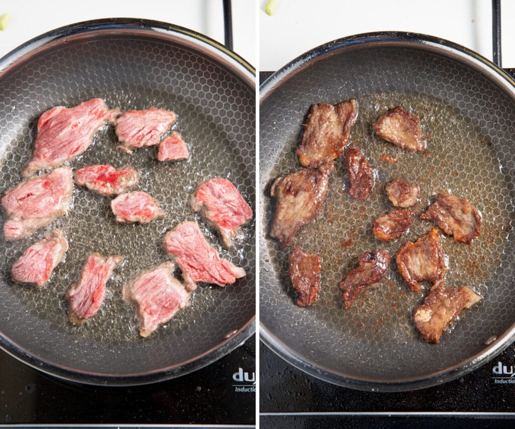 Filete de falda cocinado en una sartén con aceite - antes y después