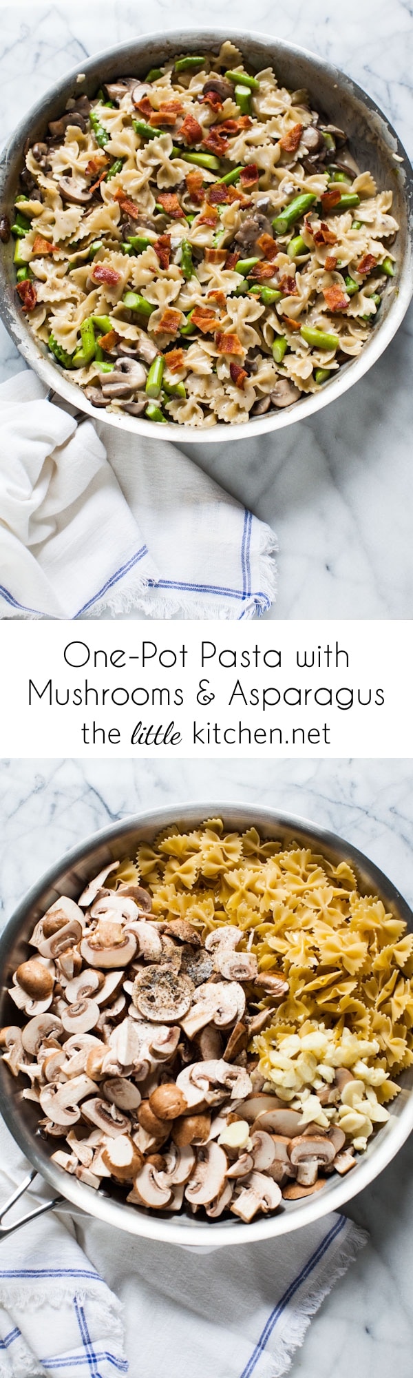 Fideos en una sartén con champiñones y espárragos de thelittlekitchen.net